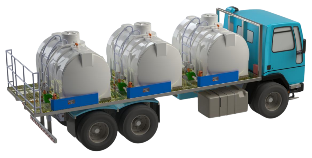 mart Tank – unidade móvel de preparo e abastecimento de calda agrícola da RSC Soluções, instalada sobre chassi de caminhão com 3 tanques independentes de 4.000 litros
